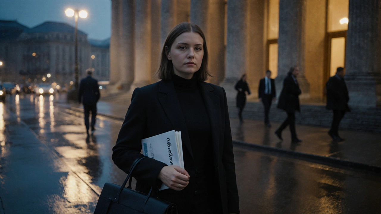 Адвокатка стоїть біля суду в Києві вночі, тримає папки зі справами, навколо — вуличне освітлення.