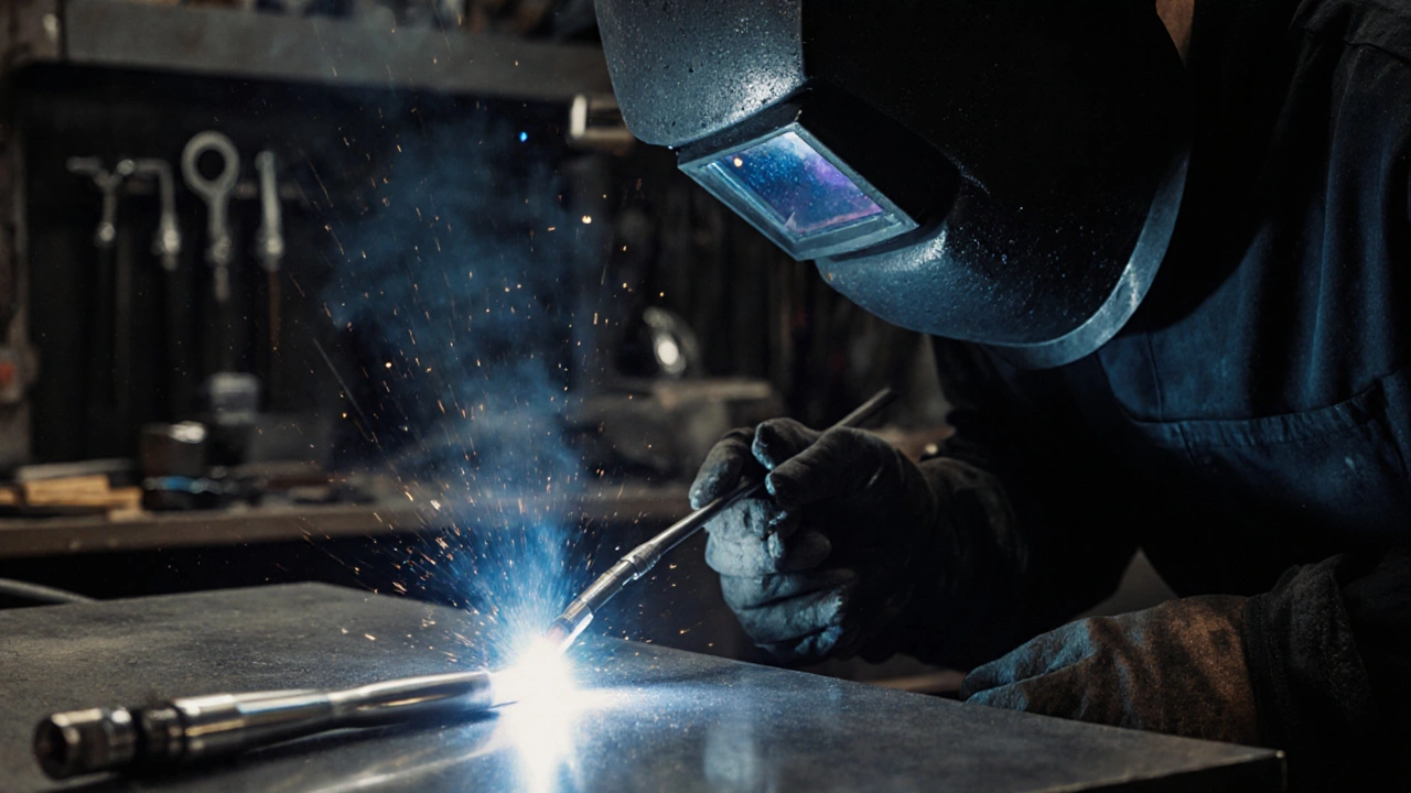 Детальний план рук сварщика, що виконує аргонове зварювання тонкостінної труби.