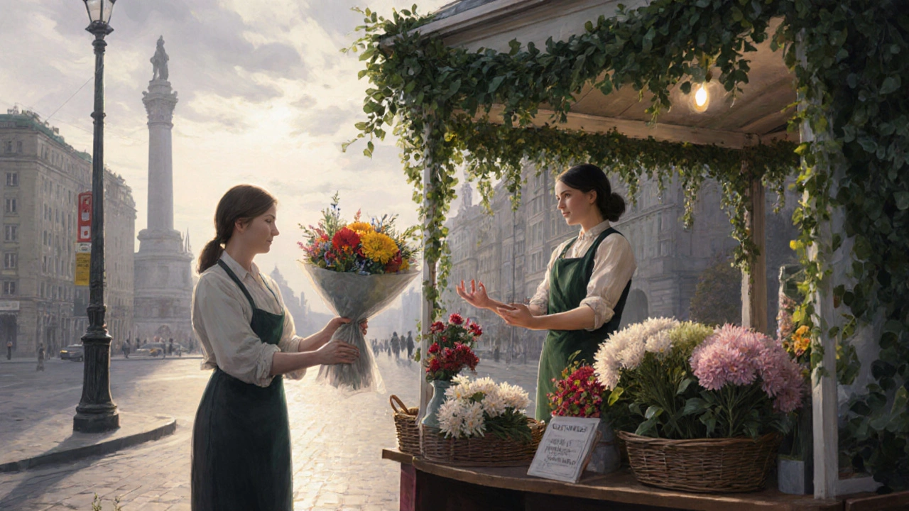 Флорист на вуличній кіосці в Києві віддає букет клієнту з видом на пам&#039;ятник Батьківщина.