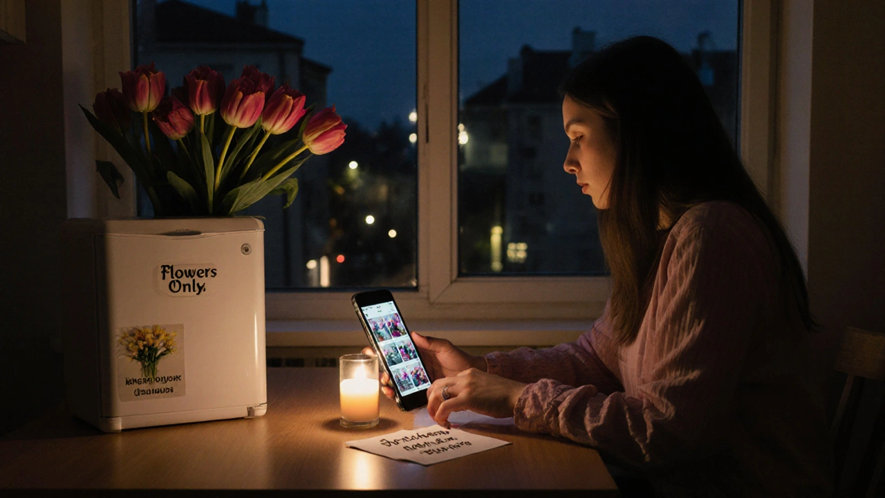 Флорист працює вдома за кухонним столом з квітами, холодильником і телефоном.