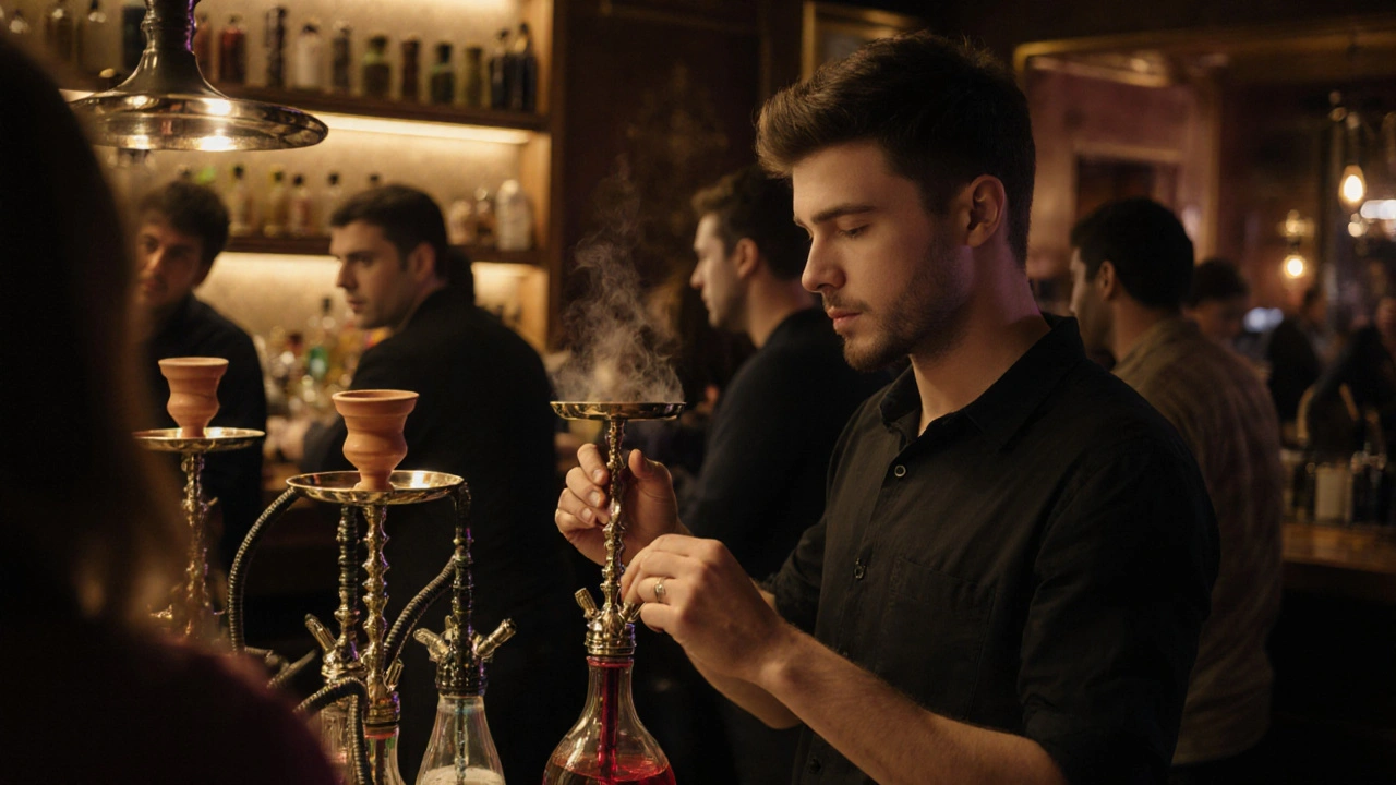 Кальянщик пояснює аромати тютуну групі клієнтів у сучасному кальян-барі Києва.