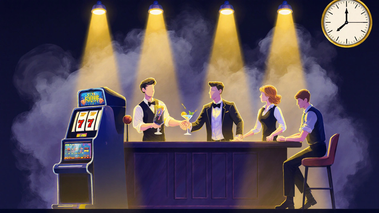 Команда працівників казино: технік, бармен, менеджер і прибиральниця.