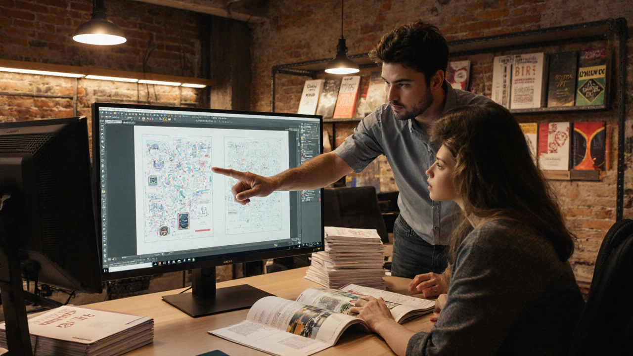 Макетчик і дизайнер обговорюють макет журналу в офісі рекламного агентства в Києві.