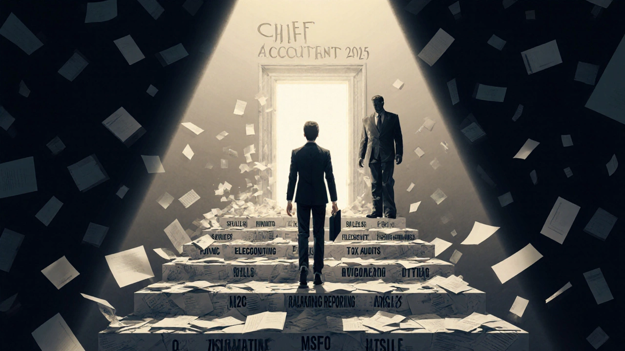 Молодий професіонал піднімається сходами з навичками бухгалтерії до дверей головного бухгалтера 2025.