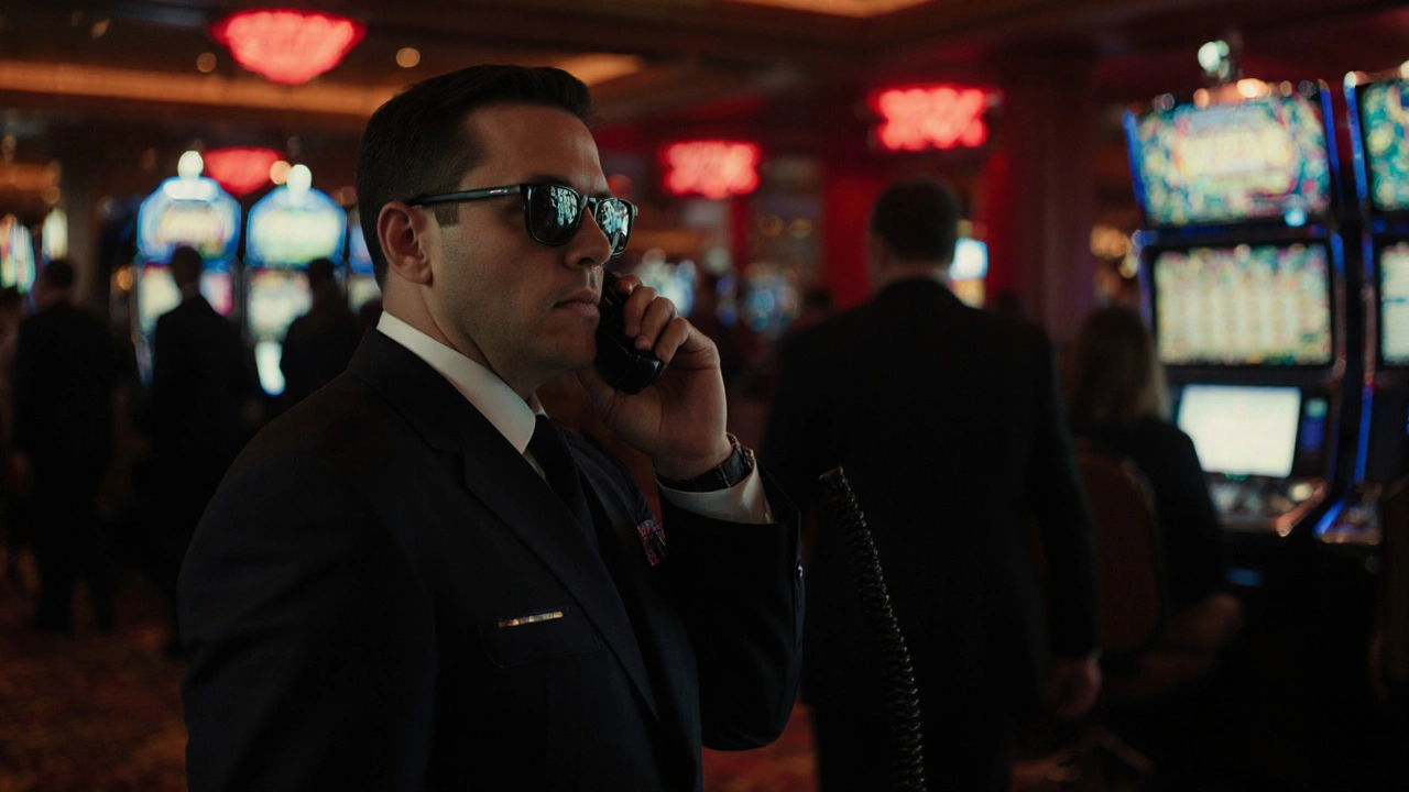 Охоронець казино уважно спостерігає за камерами та гравцями.
