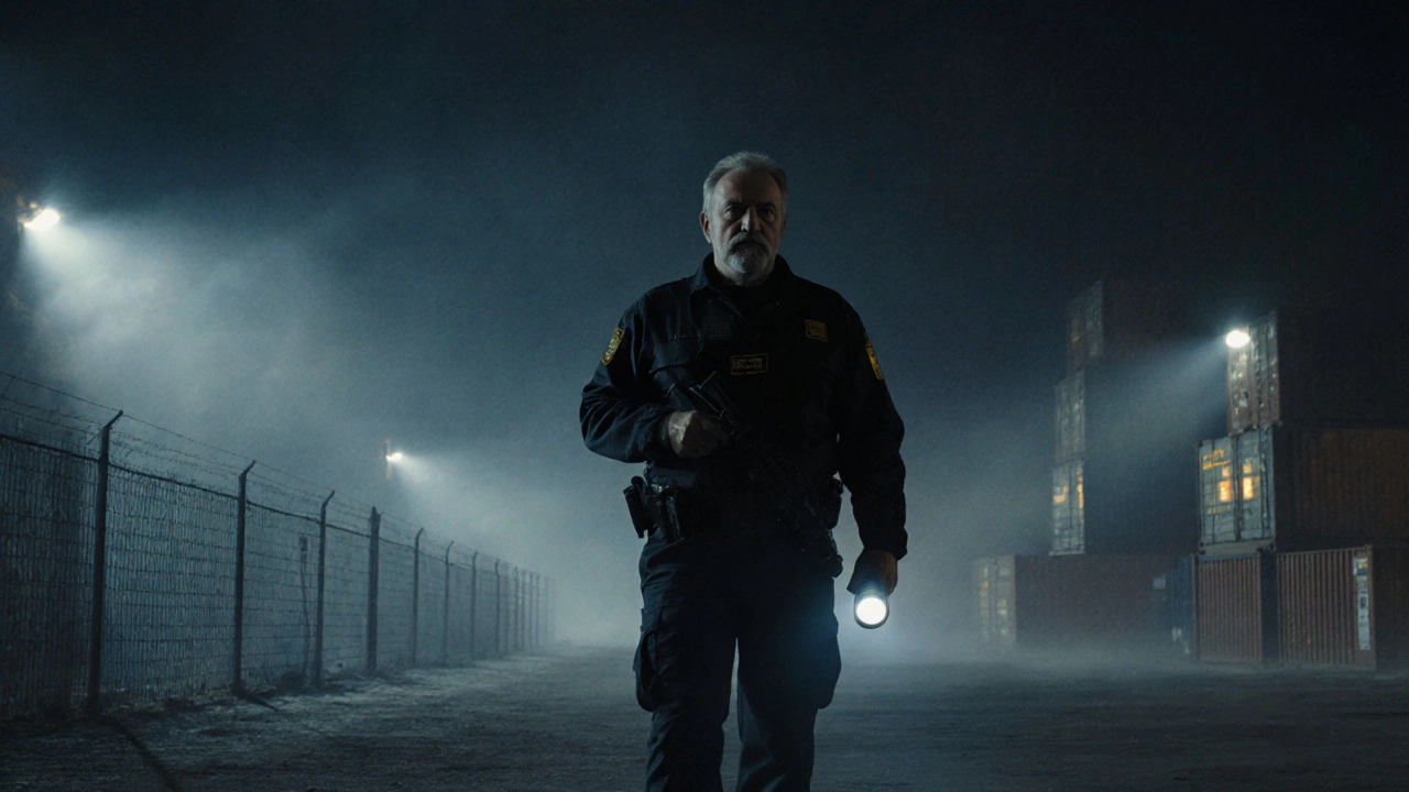 Охоронець патрулює склад у нічний час у передмісті Києва з ліхтарем.