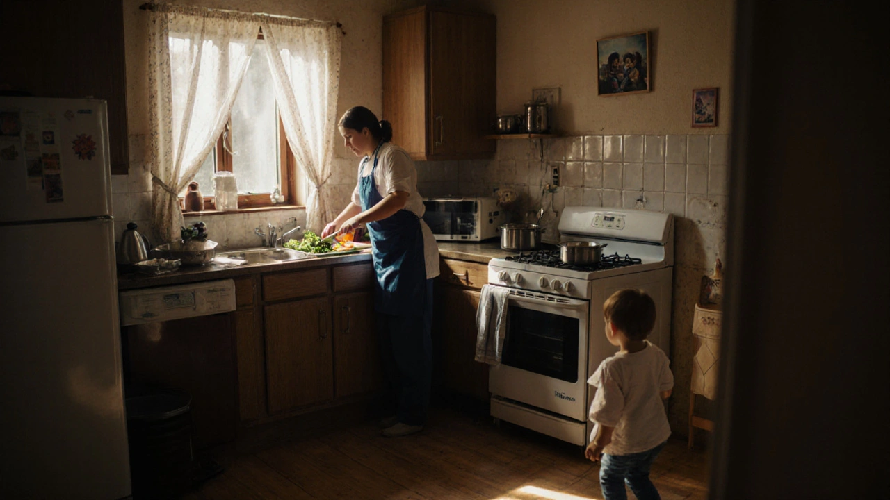 Подружжя готує їжу в кімнаті персоналу з дитиною на підлозі, сонячне світло з вікна.