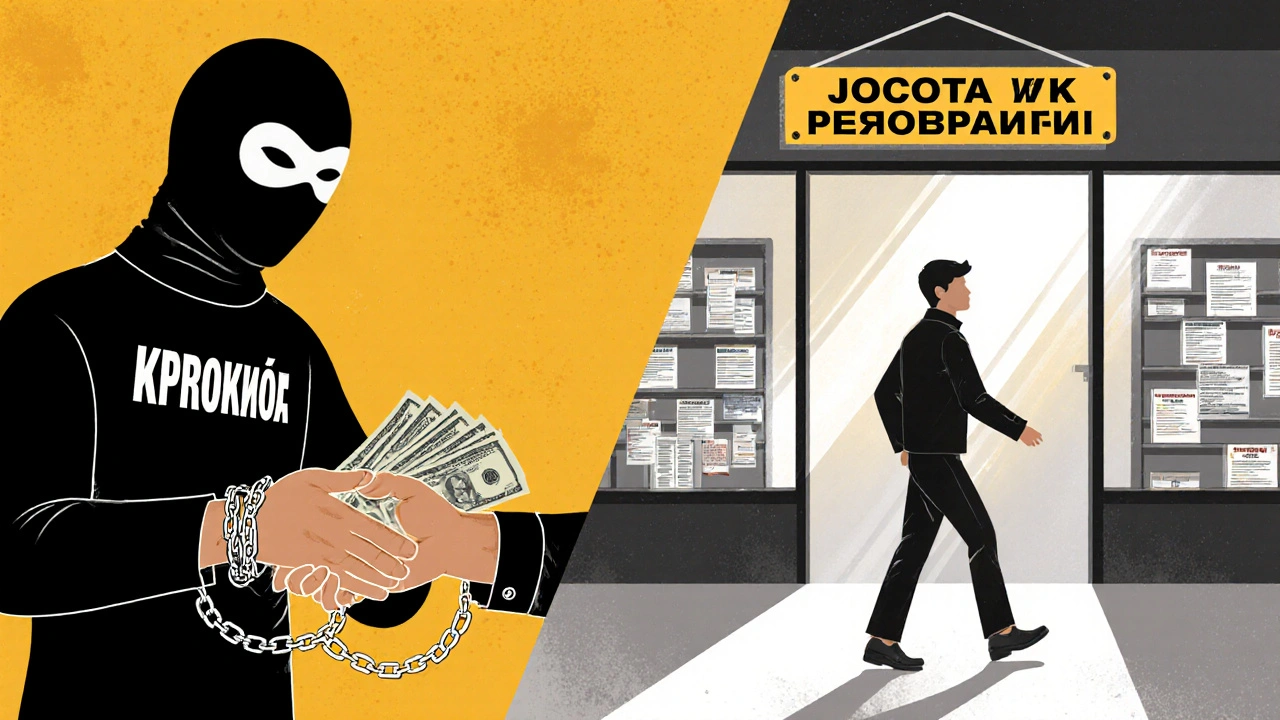 Порівняння: злочинець забирає гроші за роботу проти людини, що йде до легального офісу.