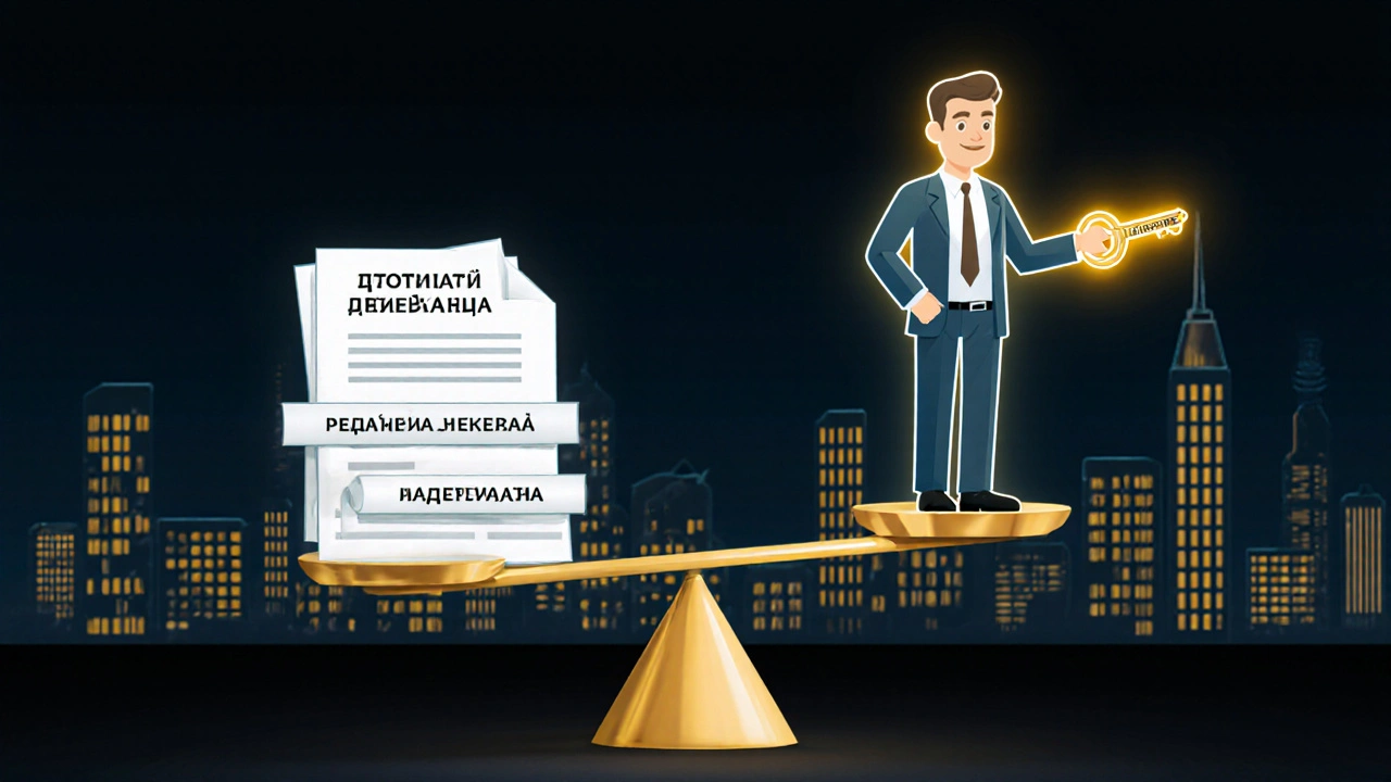 Рівновага між бухгалтерськими документами і професіоналом, що тримає ключ експертизи, на тлі Києва.