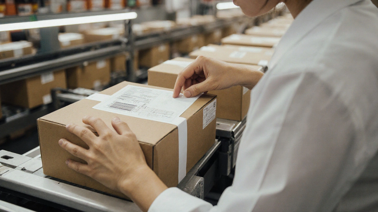 Руки працівниці наклеюють етикетку на коробку з чаем у складі.