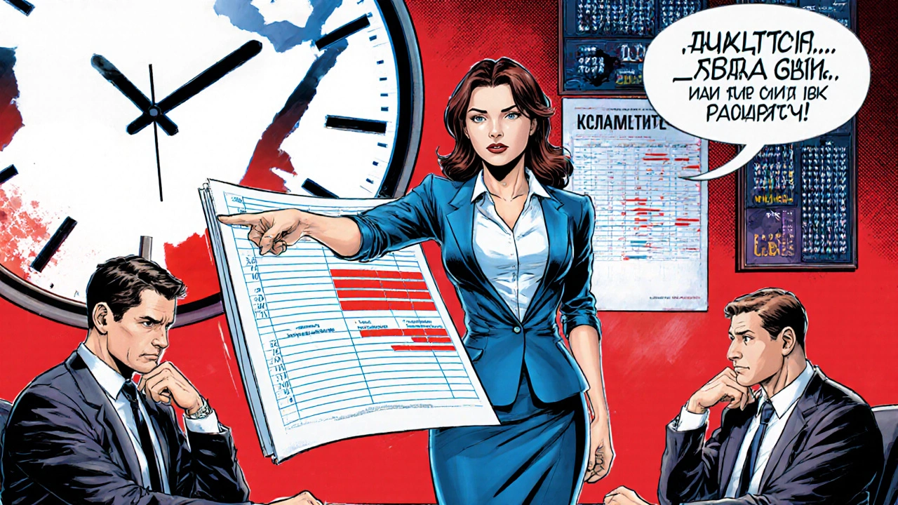 Старший бухгалтер у бізнес-кімнаті вказує на помилку в звітності, менеджери здивовані, на стіні — плакат про захист компанії.