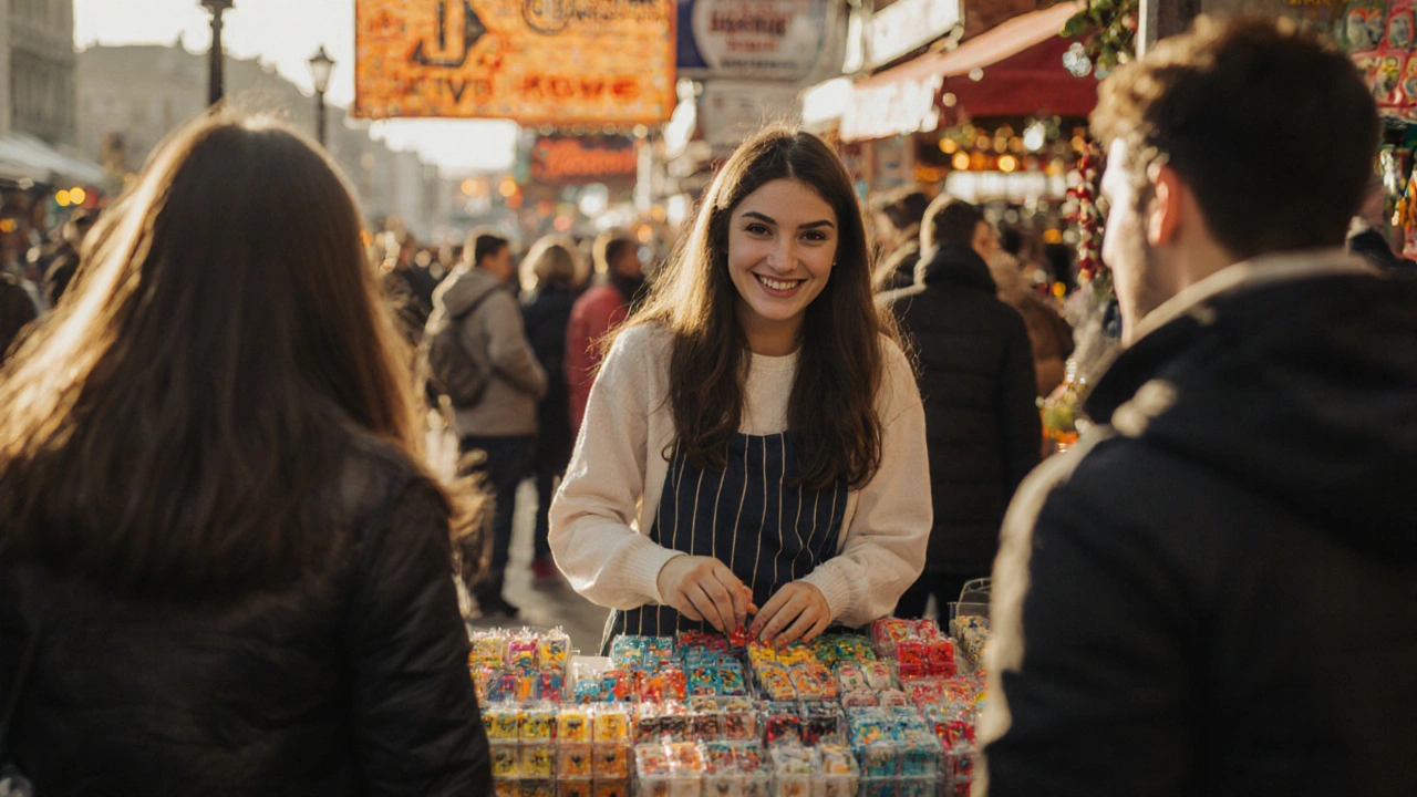 Студент-мерчендайзер розкладає зразки товарів на ринку в Києві.