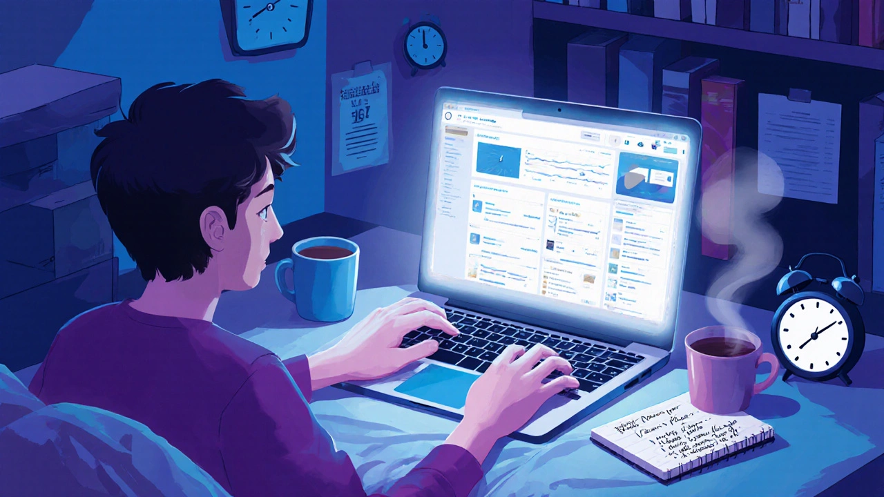 Студент працює вдома вночі, ведучи соцмережі за ноутбуком.