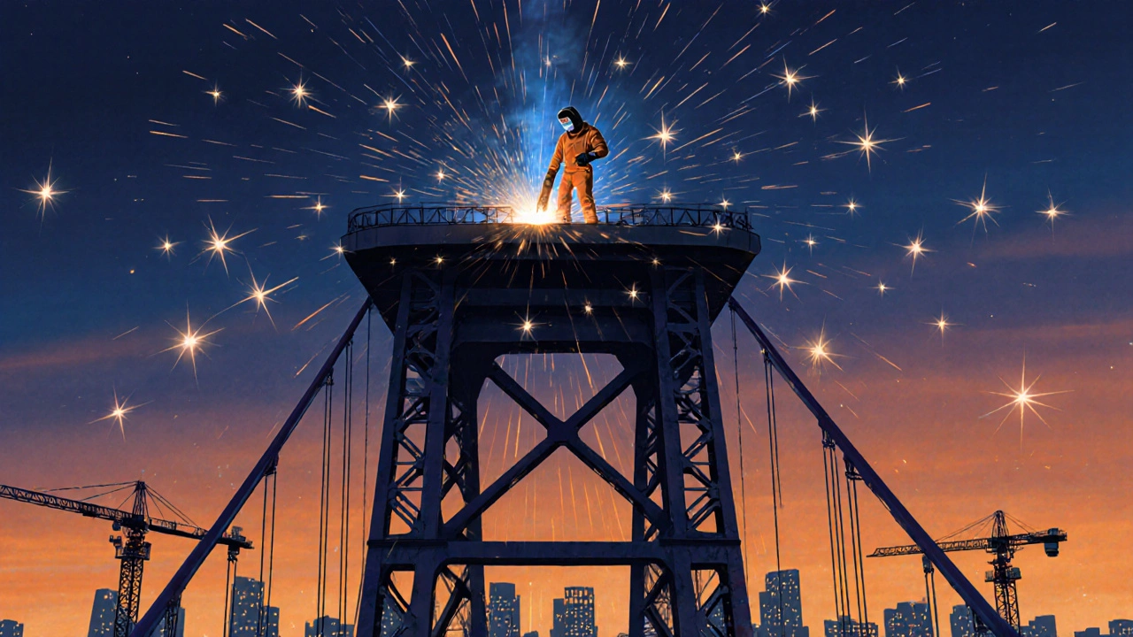 Сварщик на висоті на будівництві мосту, іскри світяться на тлі міського пейзажу.