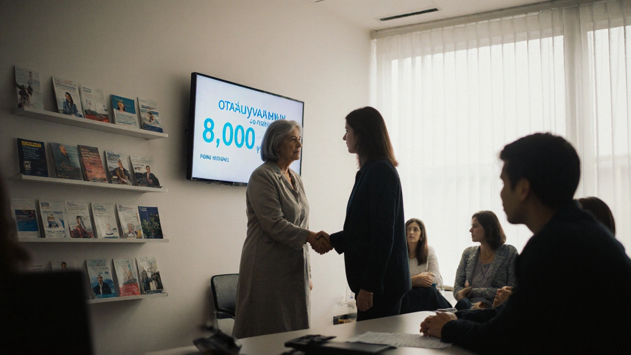 Женщина в центре занятости в Киеве обсуждает стажировку с сотрудником.