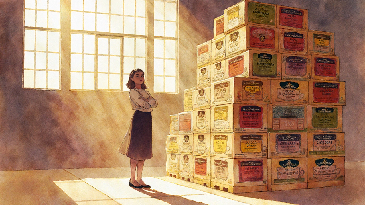 Жінка стоїть біля стосу коробок з чаем, сонячний світло з вікон.