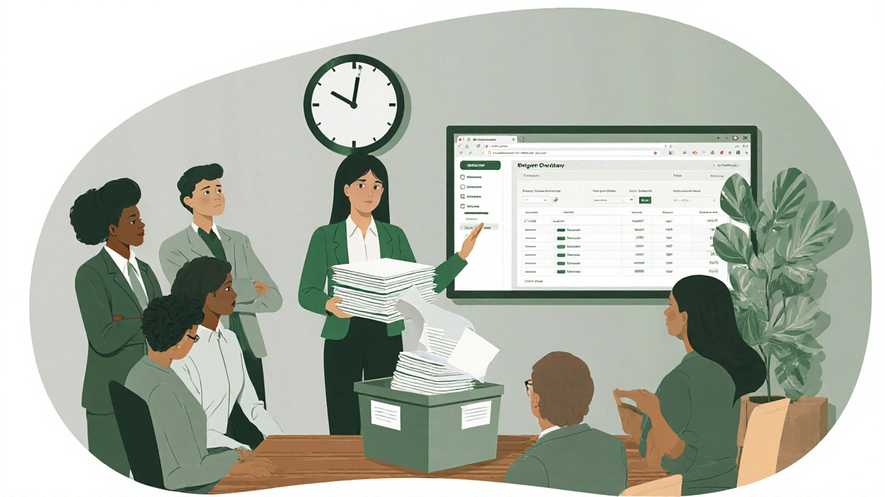 Деловод представляє організовані документи аудиторам у корпоративному офісі.