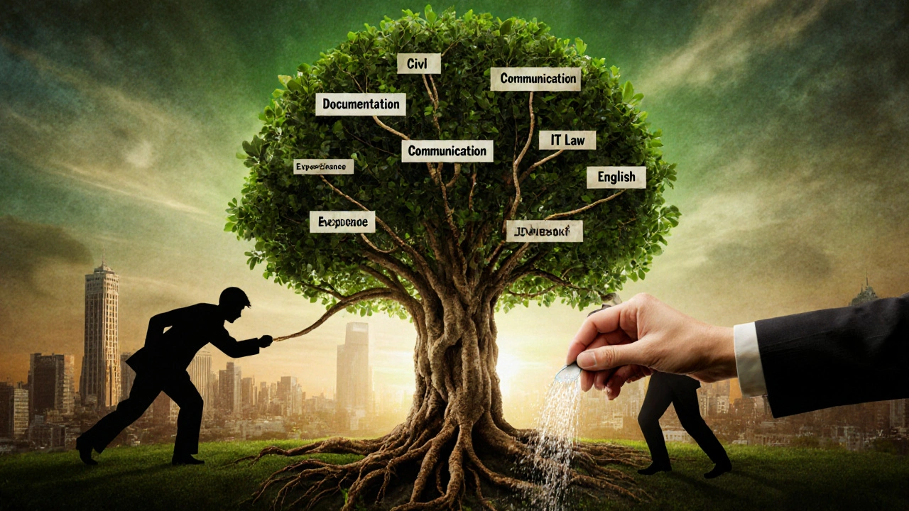 Дерево юридичних знань з коріннями з законів, що росте серед загроз.