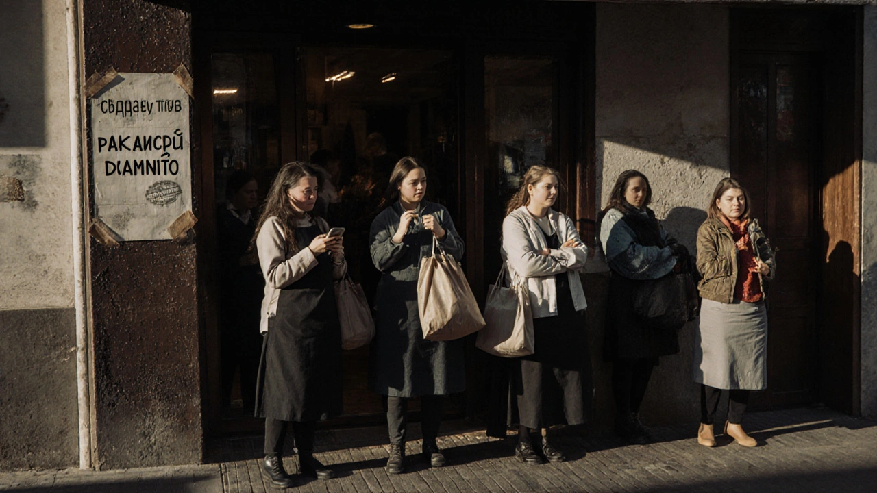 Група жінок чекає на початок зміни перед входом у ресторан у Києві ранком.