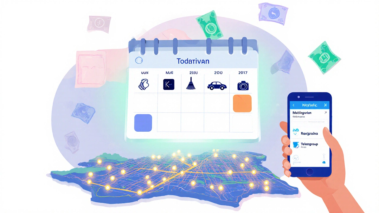 Календар з п’ятьма днями роботи в Києві з іконами різних посуточних завдань над містом.