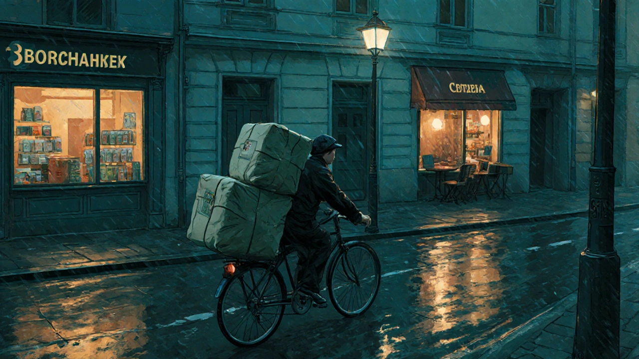 Кур&#039;єр на велосипеді їде вулицею Борщагівки з посилками, біля аптеки та кав&#039;ярні.