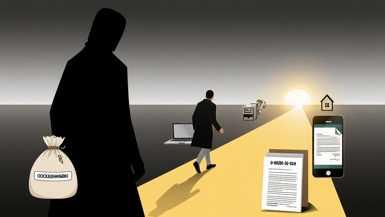 Людина відходить від шахрая, йде до світла з символами легальної роботи.