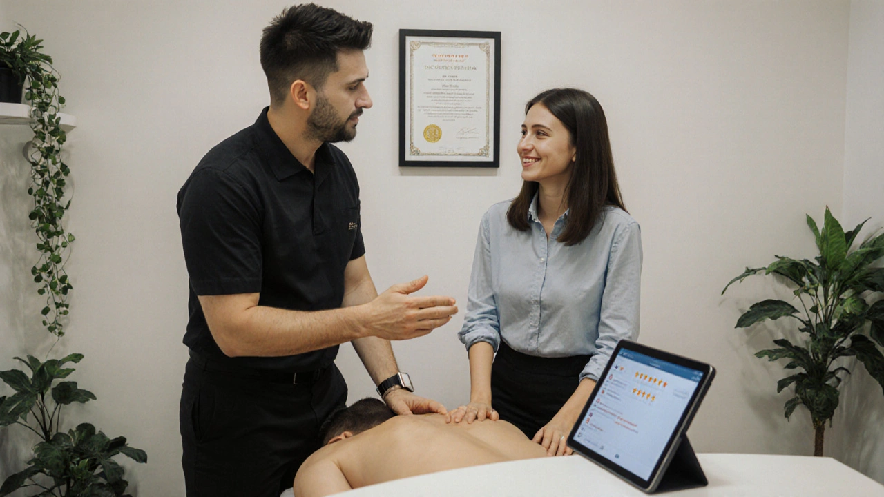 Масажист консультує клієнта в салоні краси в Києві після тайського масажу.