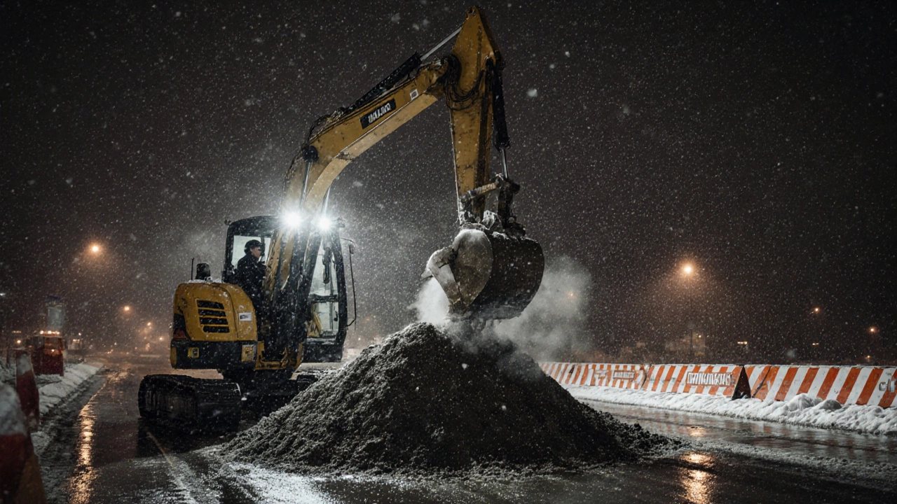 Машиніст екскаватора працює вночі в снігопад у Деснянському районі Києва.