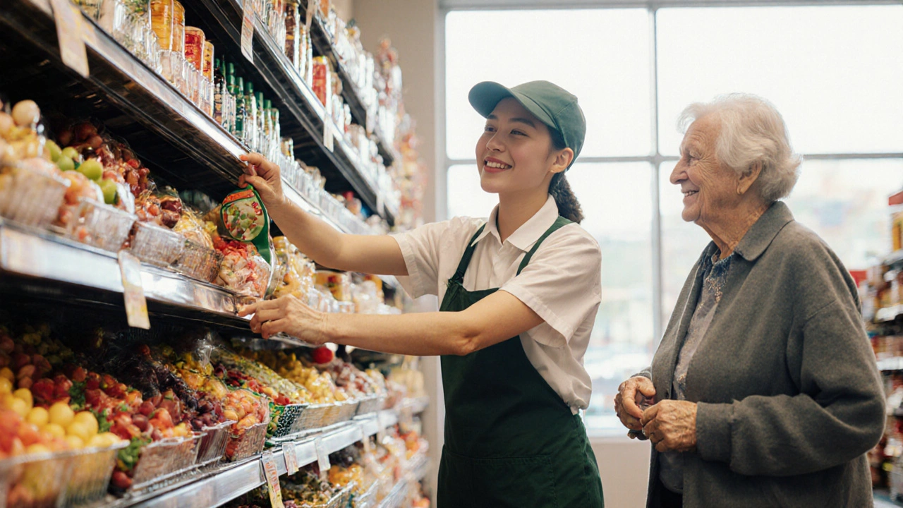 Молодий працівник розставляє товари в супермаркеті, біля нього — задоволений клієнт, світло з вікон освітлює кольорові полиці.