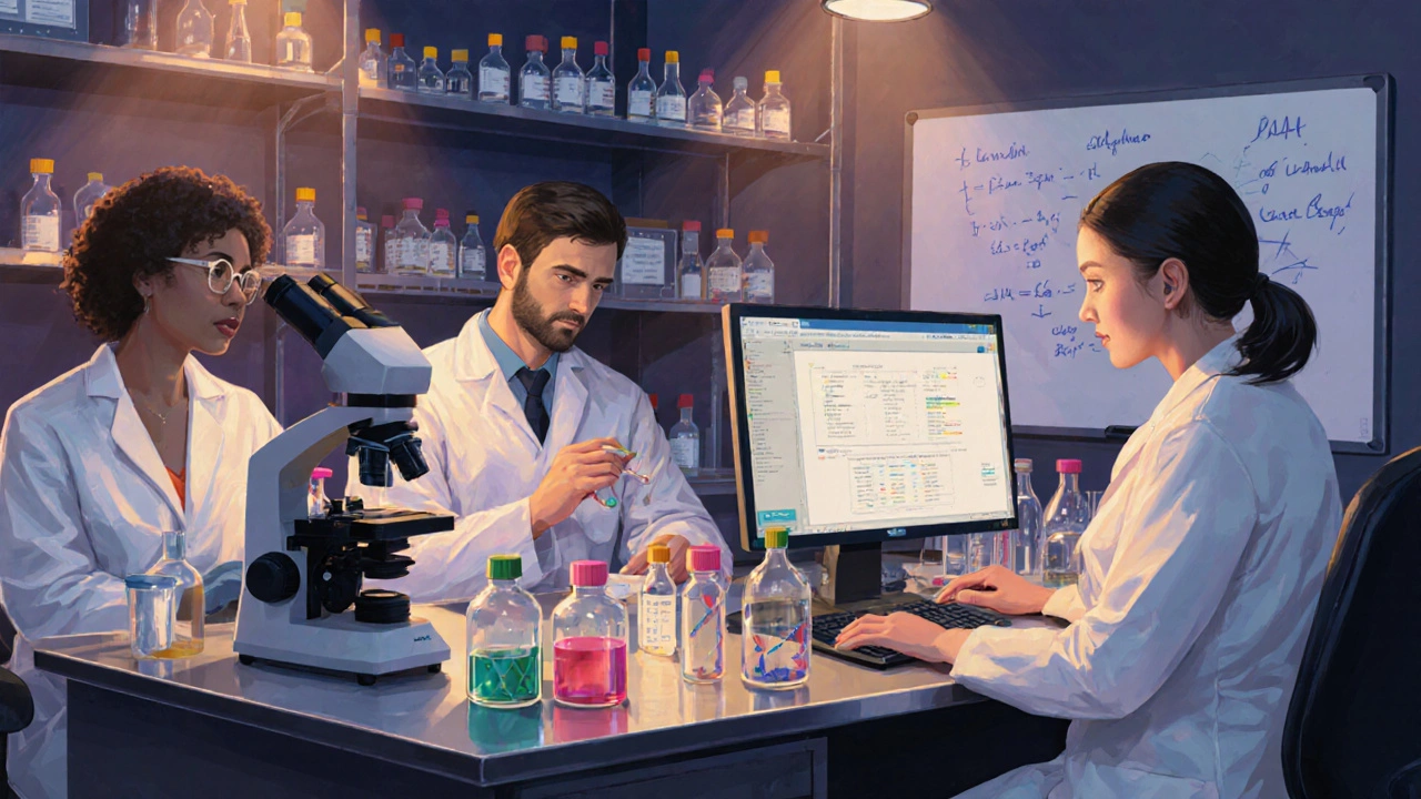 Науковці в лабораторії досліджують ДНК під мікроскопом.