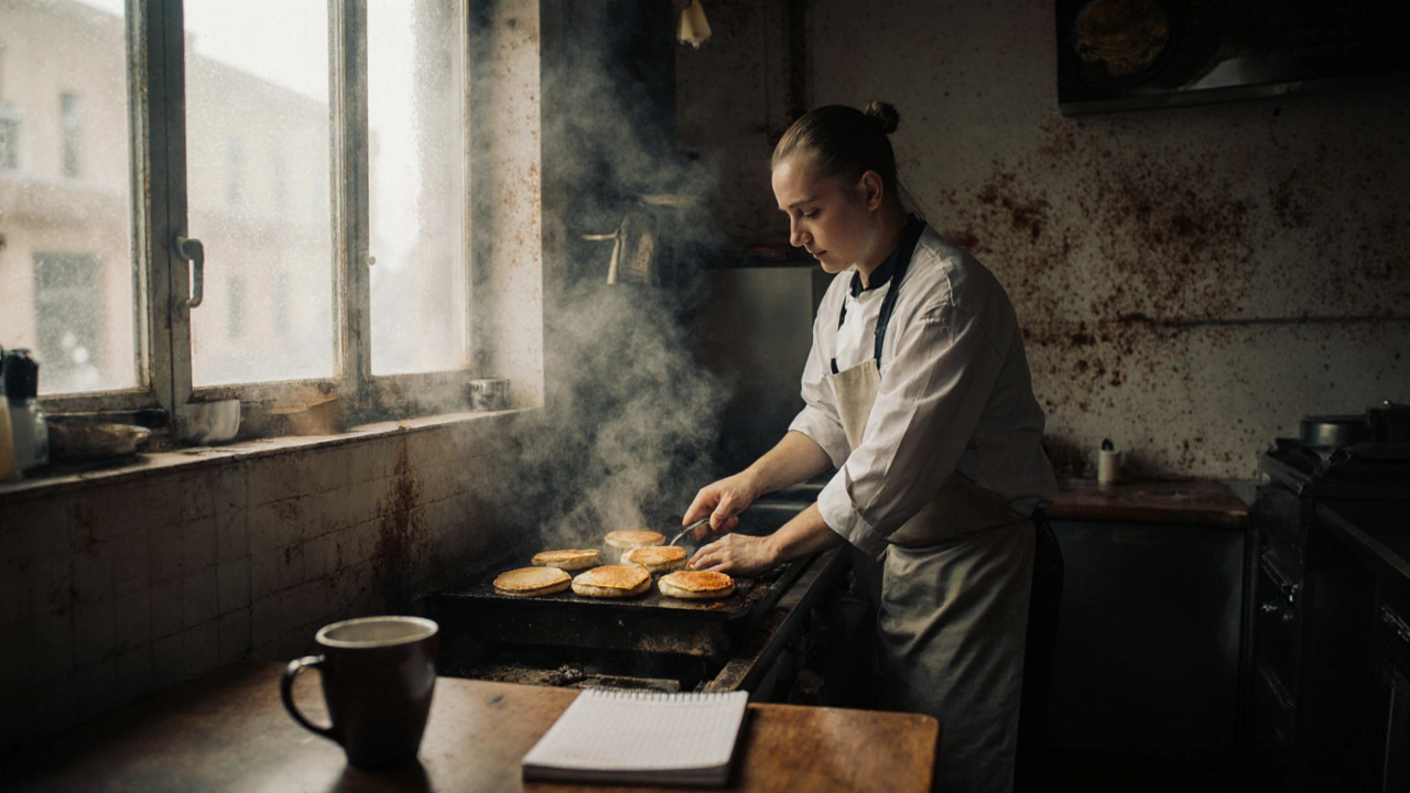 Один повар готує їжу в маленькому кафе в Києві, навколо — багато замовлень, світло з вікна, пар і плями жиру на стінах.