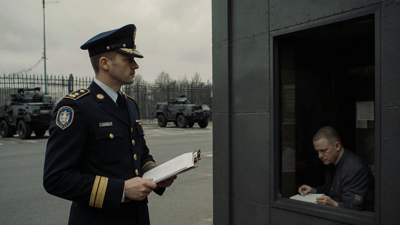 Охоронець посольства в Києві контролює доступ до дипломатичної установи.