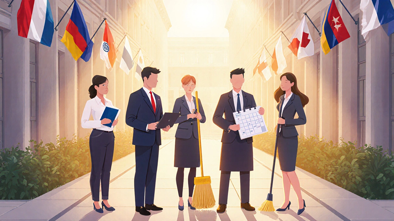 Персонал посольства різних професій разом у дворі, символізуючи командну роботу.