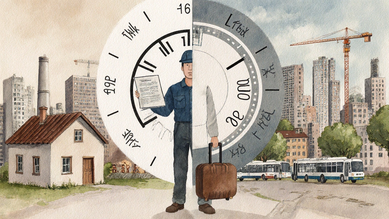 Працівник стоїть на порозі між дому і містом, утримуючи договір і валізу, символізуючи вахтовий графік.