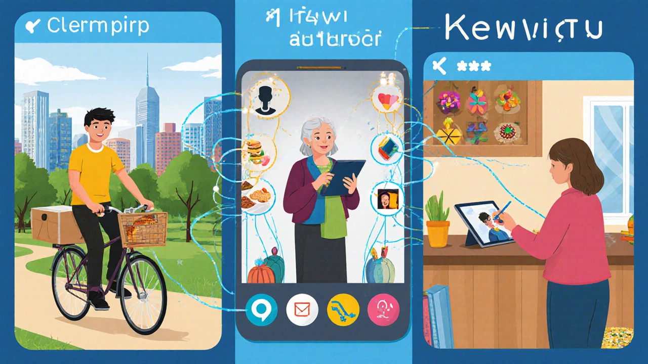 Різні люди в Києві працюють з дому: кур&#039;єр на велосипеді, пенсіонерка на дзвінку, дизайнер з ручними виробами.