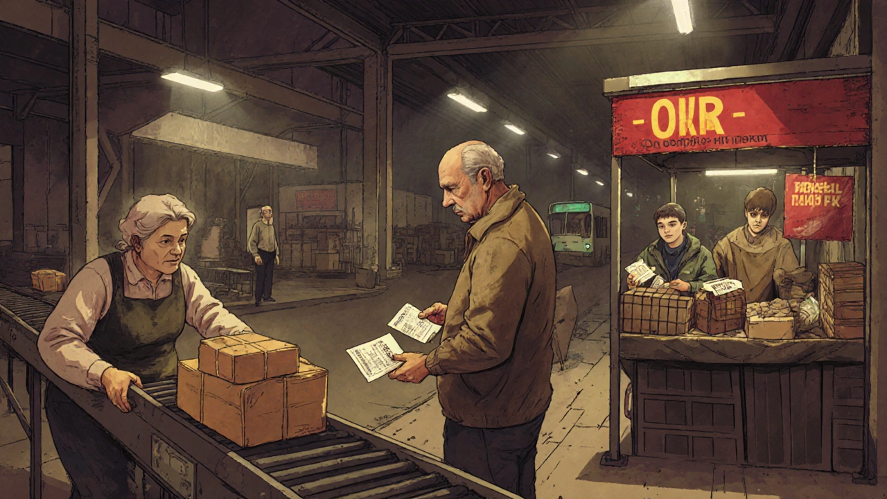 Різні працівники працюють на складі, на ринку та на паркінгу в Києві.