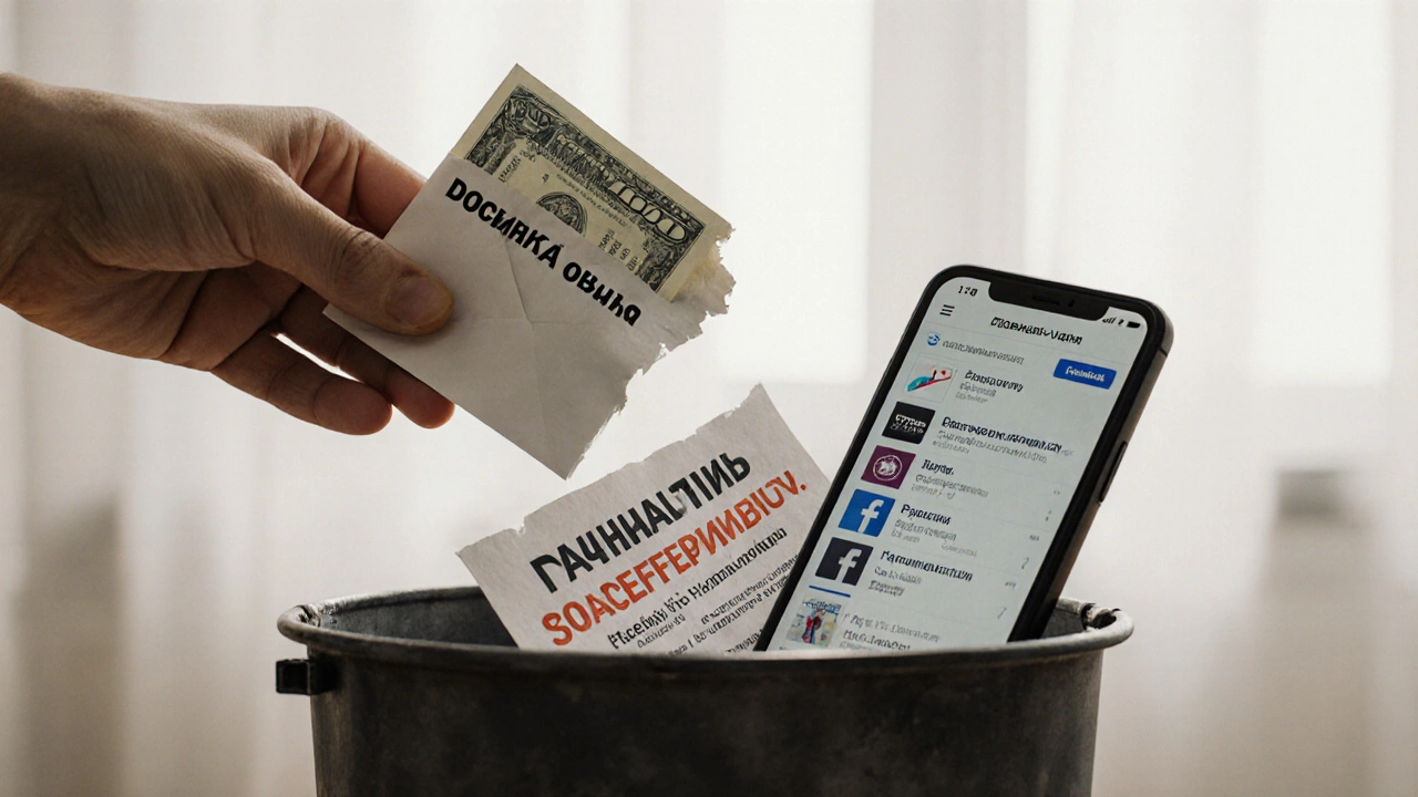 Рука тримає готівку поруч із сміттєвим кошиком із підробленим оголошенням про роботу.