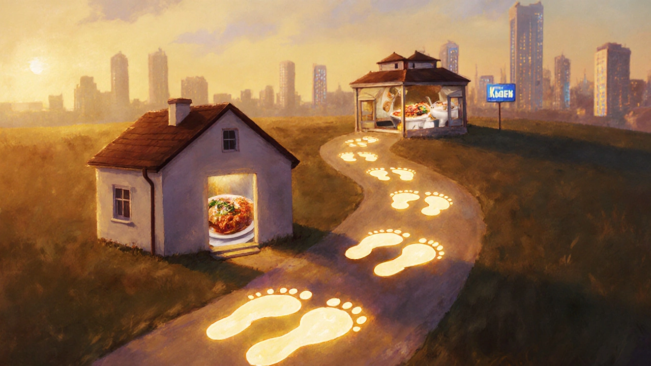 Символічний шлях від дому до ресторану, де кожен крок перетворюється на страву, що зображує розвиток повара від початківця до професіонала.