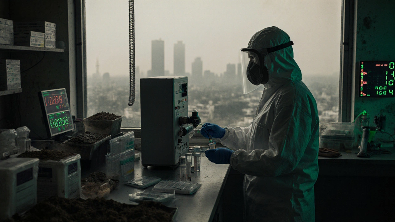 Технік аналізує якість повітря з використанням спектрометра.