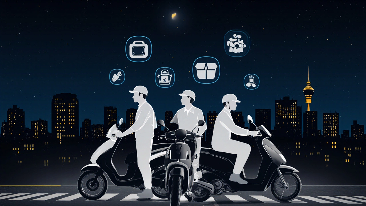 Три кур&#039;єри на різному транспорті стоять на перехресті районів Левого берега Києва з символами доставок.