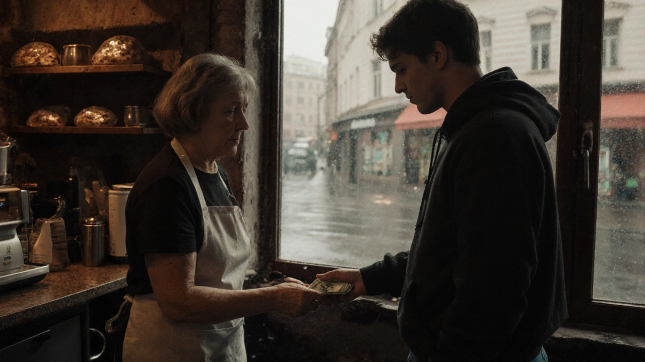 У київському кафе жінка віддає готівку доставщику після завершення роботи.