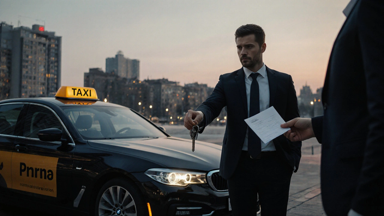 Водій повертає ключі від преміум-авто компанії на закаті, тримаючи розрахунковий чек.