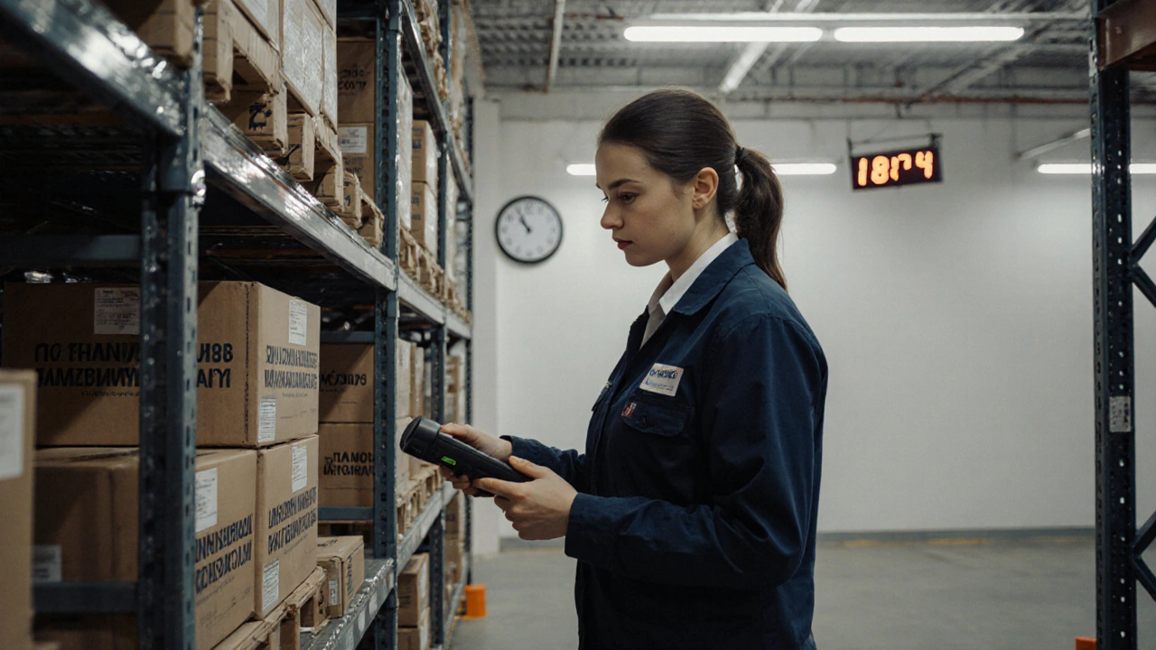 Жінка-кладовщиця перевіряє товари на складі, використовуючи сканер, у яскраво освітленому приміщенні.