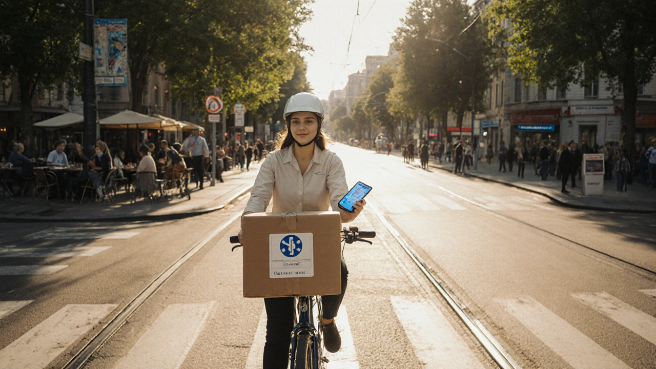 Жінка-кур&#039;єр на велосипеді з медичним пакетом на перехресті в Печерському районі.