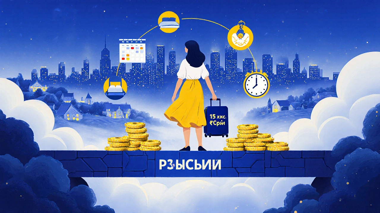 Жінка на мості з грошей і графіками, дивиться на Київ, за нею — село, що зникає.