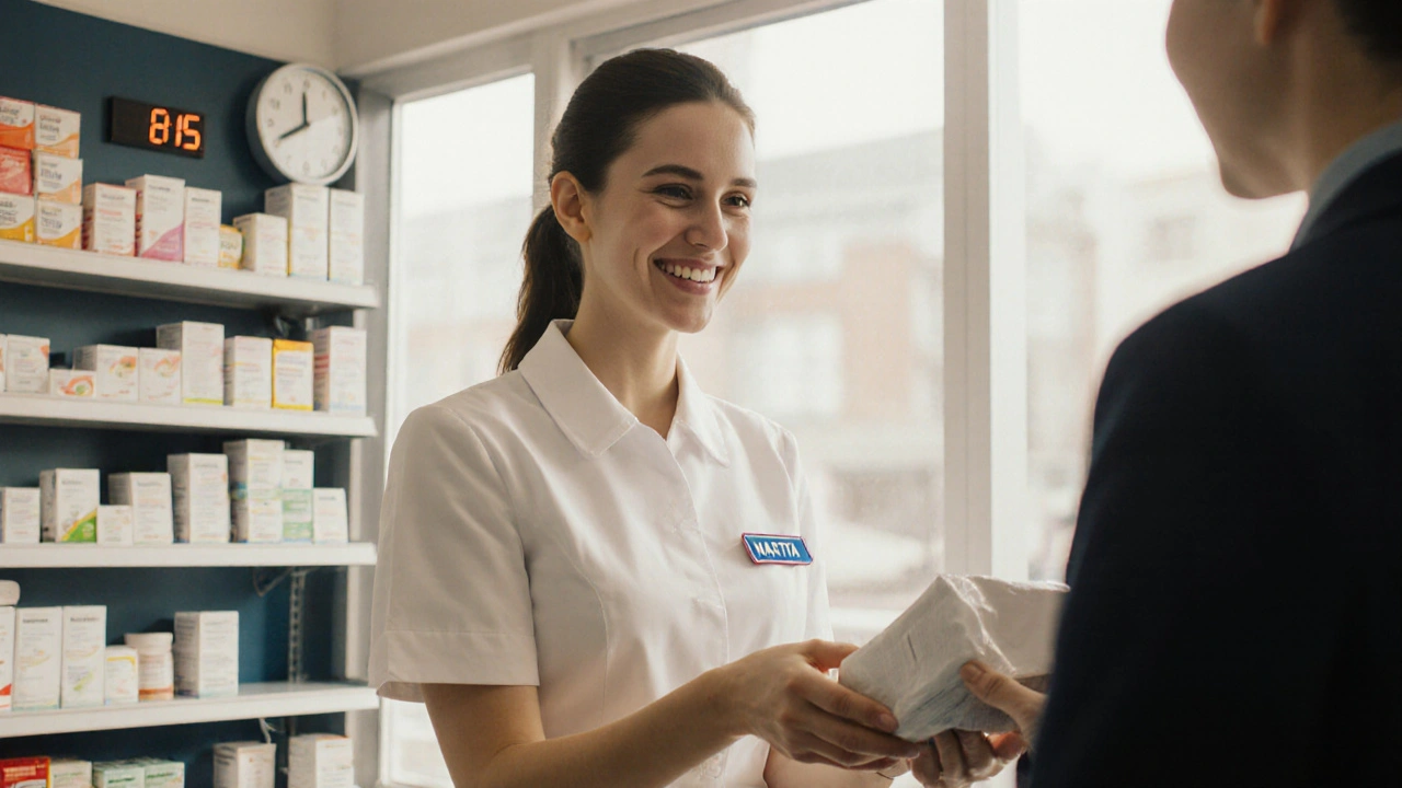 Жінка-працівниця в білому фартуху продає ліки в аптекі Києва, сонячне світло з вікна.