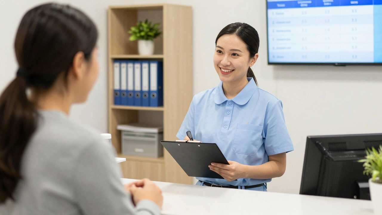 Адміністратор у медичному центрі зустрічає пацієнта на ресепшні з усмішкою.