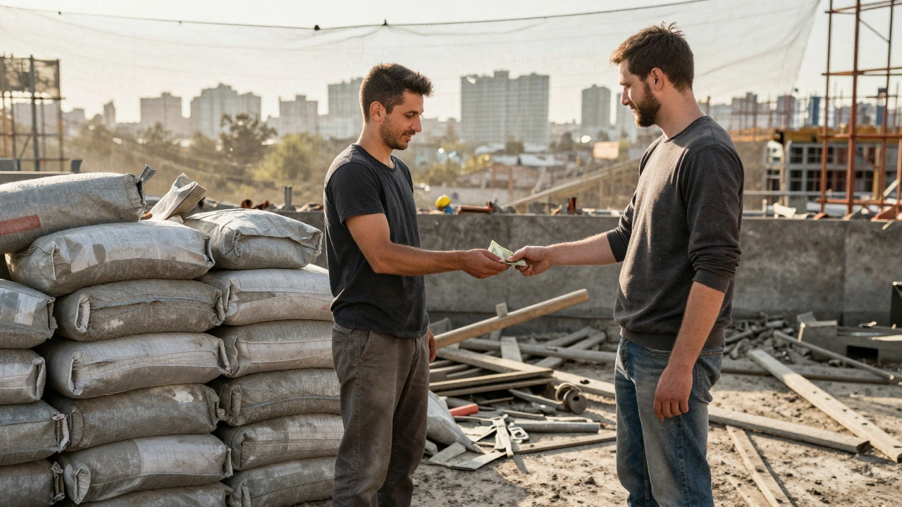 Бригадир видає готівку робітнику наприкінці робочого дня на будівництві в Києві.