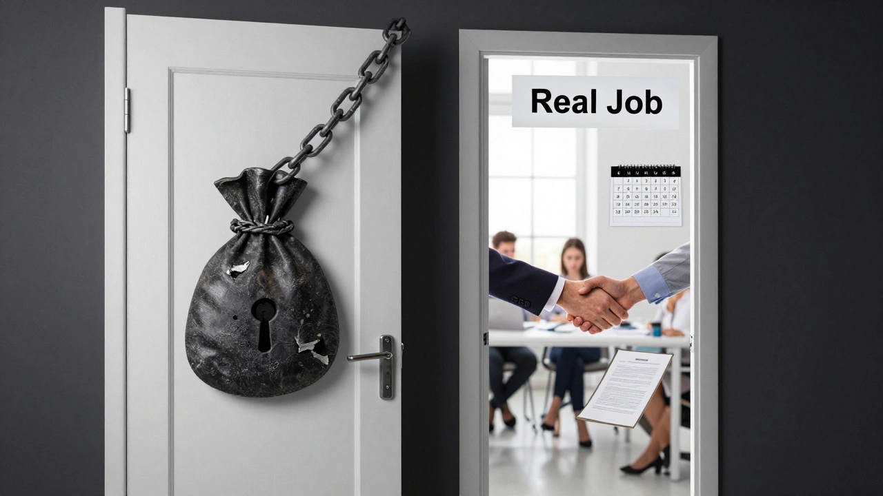 Двері між справжньою роботою та обманом у Києві: контраст між прозорим офісом і пасткою.