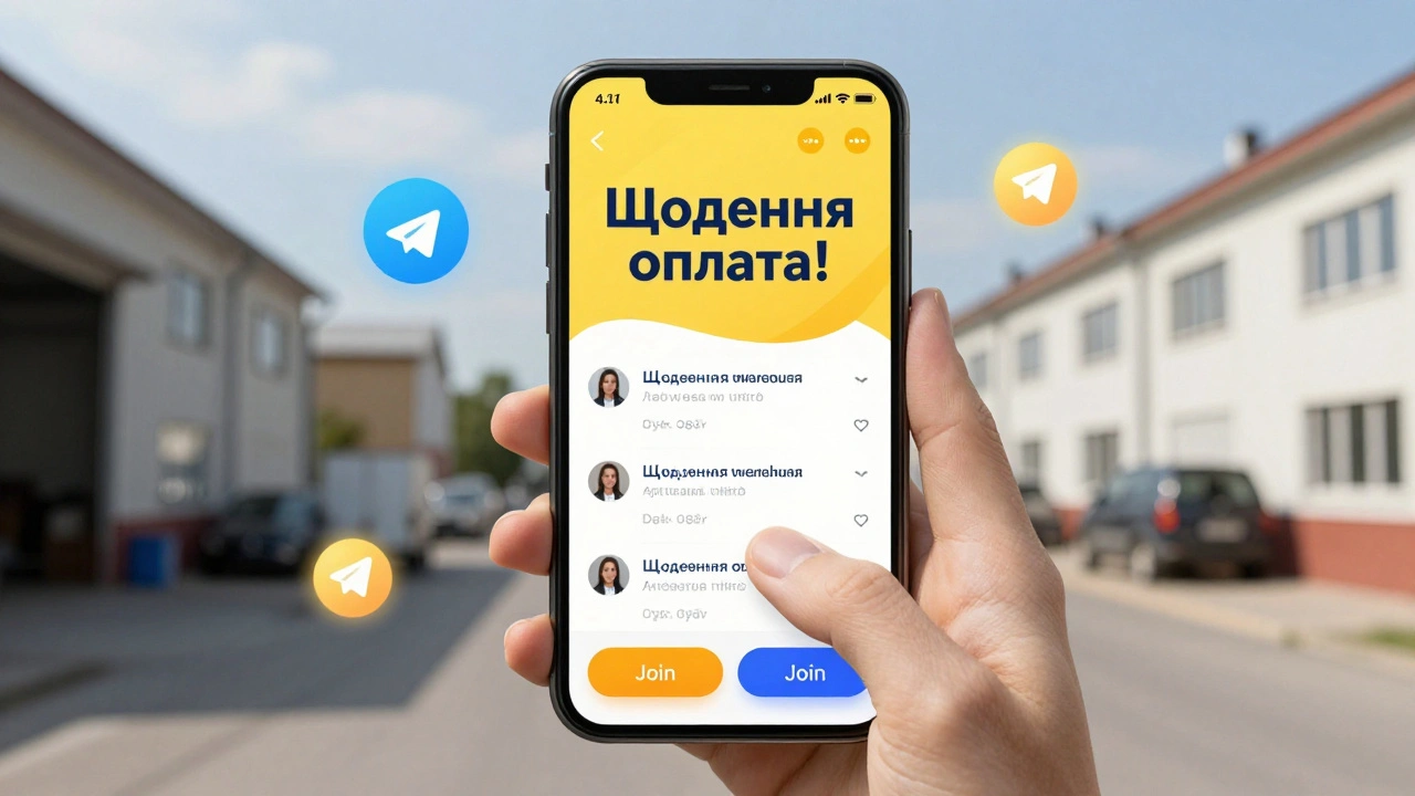 Екран смартфона з вакансіями роботи на складі з щоденною оплатою в Києві.